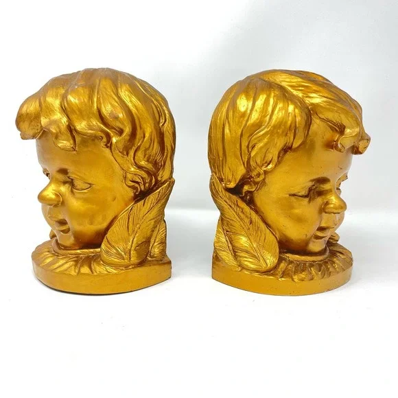 Vintage Gold Child Head Bookends Set Bronze Color Heavy Cherub - Picture 1 of 7